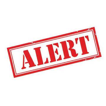 Alert red grunge rubber stamp text on transparent background.