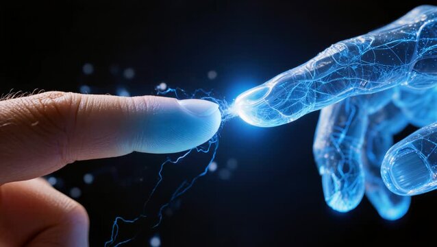 Human fingertip touching digital finger, electric spark and neural light between skin and translucent robotic hand, closeup haptic contact
