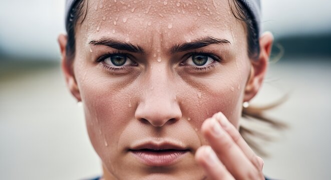 Woman touching face with concerned expression in natural light