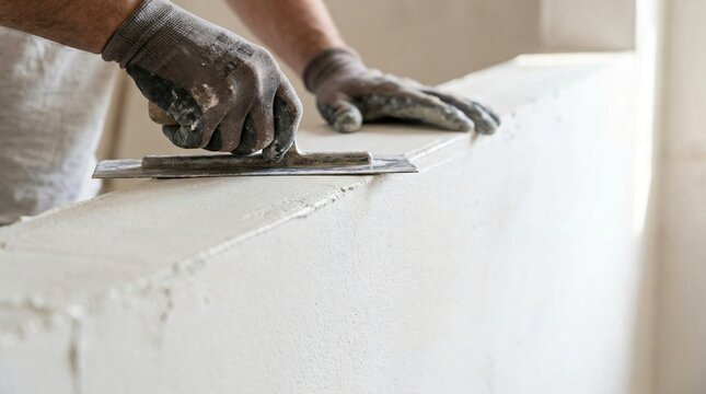 A person wearing gloves is smoothing plaster on a wall with a trowel indoors.