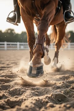 Horse hoof kicking sand in a riding arena with dynamic low angle action