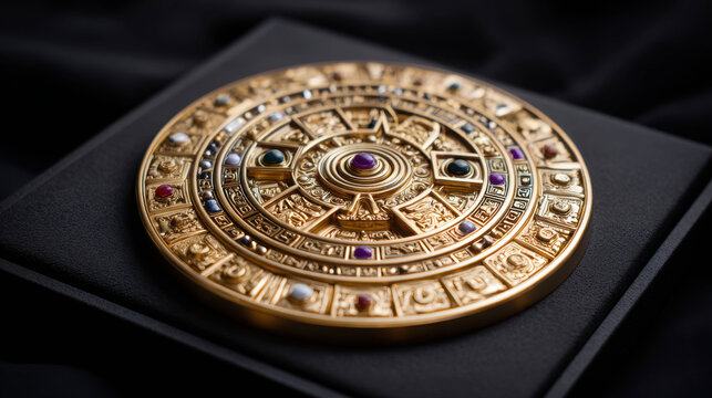 A close-up view of an intricate, antique golden artifact with gems and detailed carvings, set against a dark backdrop. The artifact appears to be a disc-shaped calendar, possibly an ancient treasure.