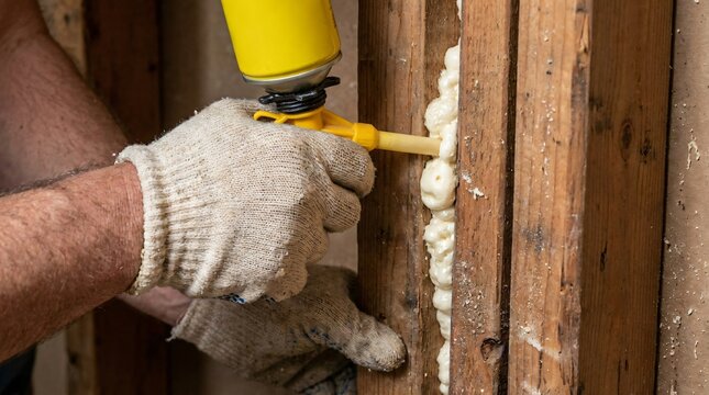A gloved hand applies insulation material between wooden wall studs using a caulk gun.