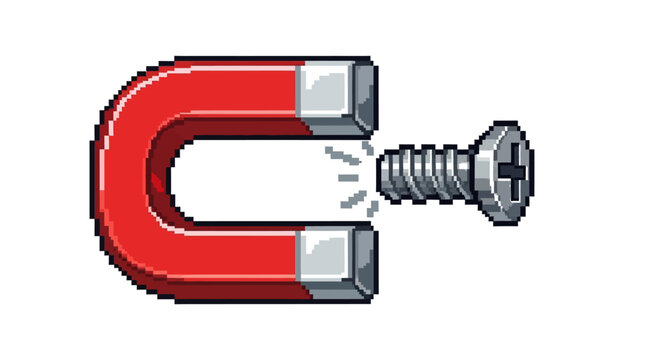 Horseshoe magnet attracting a metal screw with magnetic force.