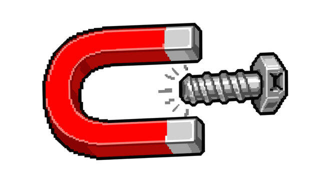 Horseshoe magnet attracting a metal screw with magnetic force.