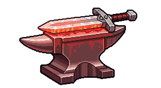 Hot Sword Being Forged on a Red Anvil.