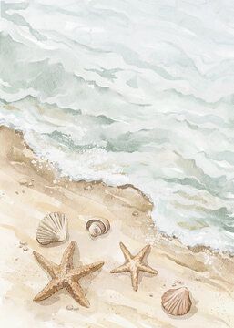 Watercolor vintage composition of summer a coastline of sea waves, ocean waves, and sand on which lie variety of shells and starfish on paper texture. Hand drawn illustration sketch