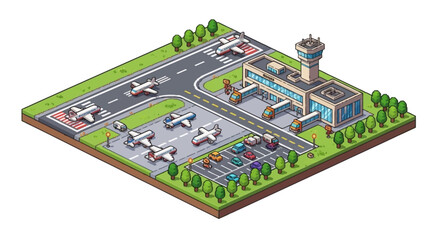 Obraz premium Isometric Airport Scene with Airplanes and Control Tower.