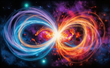 Fototapeta premium Cosmic dance of blue and orange energies swirling in infinite space.
