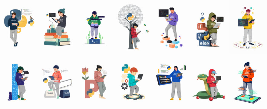 Collection of diverse illustrations featuring kids and teenagers learning Python programming through creative, interactive, and imaginative coding scenarios in a modern flat style.