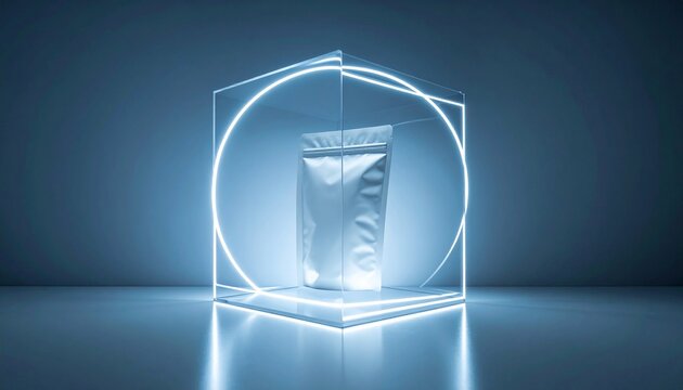 The glowing blue illuminated transparent plastic bag is inside the neon cube and circle on the reflective surface