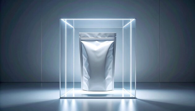 A silver pouch is displayed inside a transparent cube in a dimly lit room with a shiny floor showcasing the packaging.