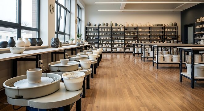 Spacious pottery studio with rows of pottery wheels and shelves filled with ceramic art ready for creative expression and learning
