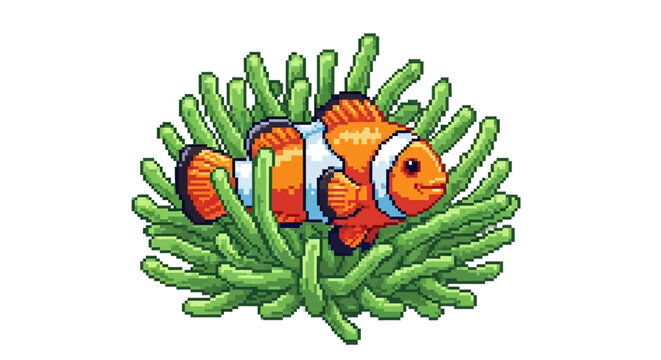Cute Clownfish Swimming in Vibrant Green Sea Anemone.