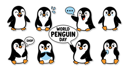 A vector illustration featuring a set of cute penguin cartoon characters in various poses, celebrating World Penguin Day with speech bubbles and expressive faces against a clean white © Nafisa