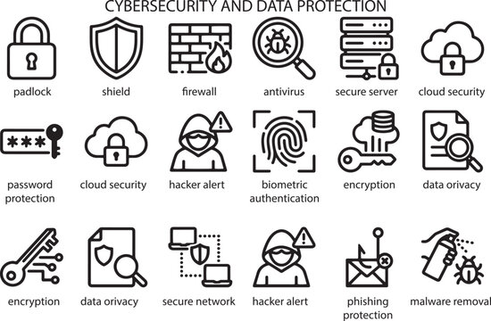 Cybersecurity and Data Protection, Icon Set, Illustration Doodle Cartoon Collection