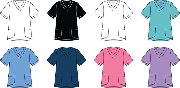 Medical Doctor and Nurse Shirt Clipart Set Outline Silhouette and Color Vector Illustration