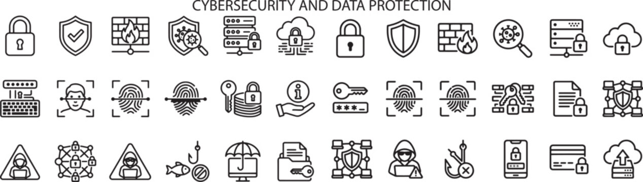 Cybersecurity and Data Protection, Icon Set, Illustration Doodle Cartoon Collection
