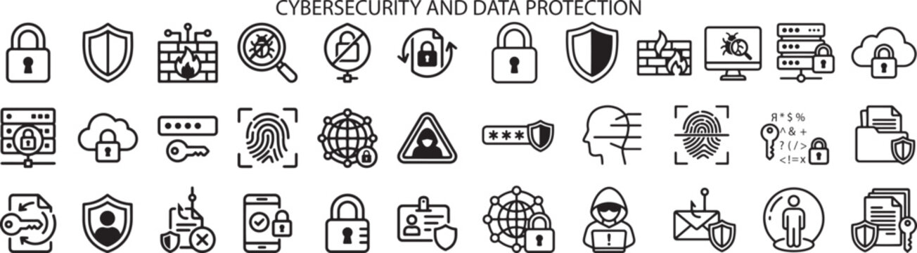 Cybersecurity and Data Protection, Icon Set, Illustration Doodle Cartoon Collection