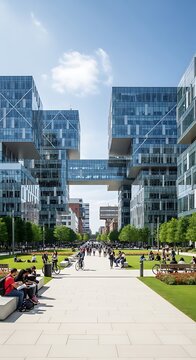 Modern glass office buildings with skybridge and green park with people enjoying leisure time on a sunny day