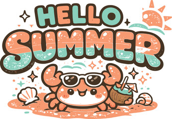 Hello Summer cute crab vector, funny beach animal wearing sunglasses and holding coconut drink, seashells, snail shell, waves, sun, sparkles, tropical vacation design for t-shirt, sticker, sublimation © SayedaRima