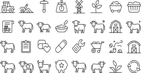 Cattle farm line icons set with thin 1.5px stroke vector including cow calf milking barn veterinary agriculture farming outline pack © Mst
