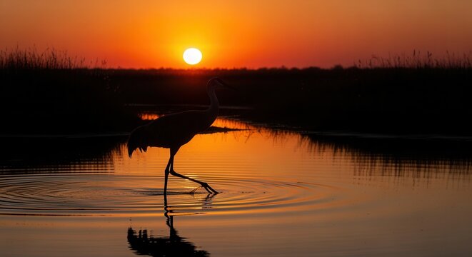 Sandhill crane forages for food at sunset, bird wading, silhouette, nature, reflection, wetlands, golden hour, water ripples, moody, scenic.