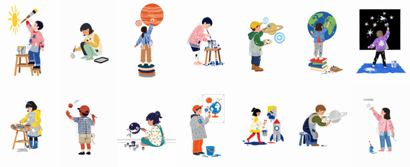 Set of diverse children engaged in creative space art, painting planets and stars on various surfaces, isolated on white background. © Telu
