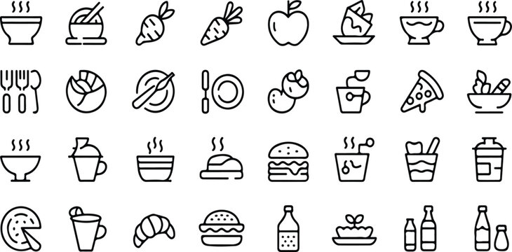 Vegetable dish poke bowl healthy salad set meal line icons with pizza pasta spaghetti burger breakfast fish juice apple carrot vector illustration