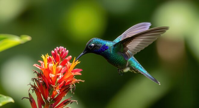 Lesser Violetear hummingbird sips nectar from a bright bromeliad in a tropical garden, wildlife photography, vibrant colors, shallow depth of field, close-up.