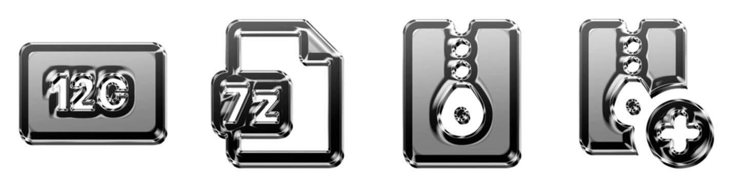 3D rendered glossy icon pack featuring 12c, 7zip, archive, and create archive. Data files icon collection and design. Modern icon design. Premium quality render design.