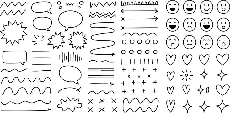 Scribble doodle underline emphasis line shape set with hand drawn brush stroke elements for highlight decoration and modern design accents