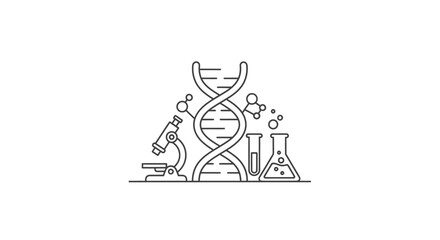 Obraz premium Science and biology illustration with dna strand microscope and beakers