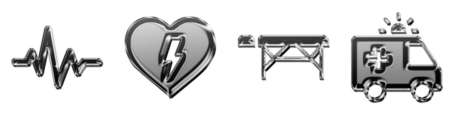 Set 3D glass activity, aed, alluminium massagetable, and ambulance pictograms. Medical healthcare treatment and patient care. Glossy icon illustration.