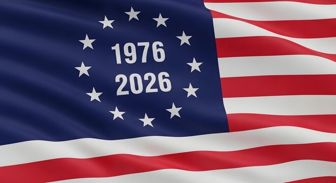 American bicentennial flag with dates celebrating 250 years of independence