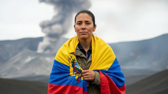Determined adult woman wrapped in national flag with volcano ash cloud background