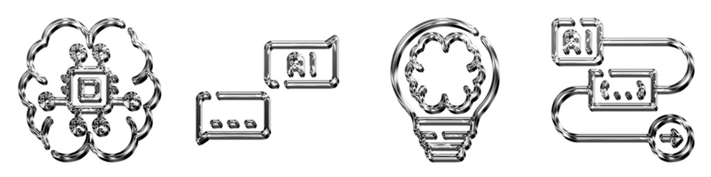 Isolated 3D glass ai brain artificial intelligence tech, aichat chatbot response message dialog, and ai idea in no vat i on gene rate conce icons with turquoise blue gradient.