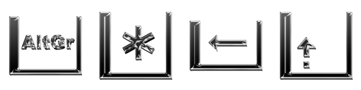 Modern 3D translucent icon collection - altgr, asterisk key, backspace, and caps lock. Keys icon collection and design. Premium rendered design. Modern minimal illustration style.