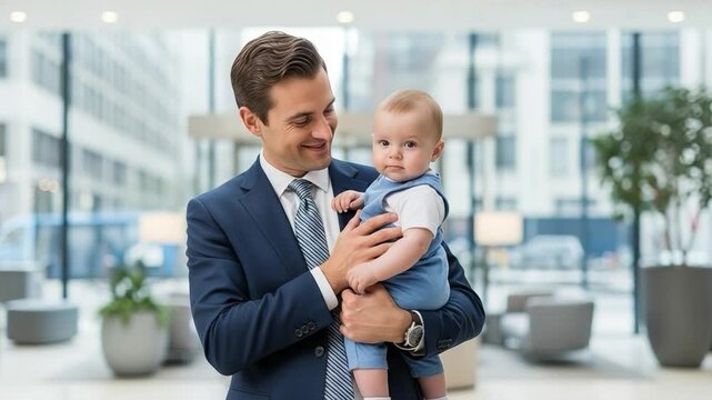 Professional father in suit carrying infant child at corporate workplace for paternity leave