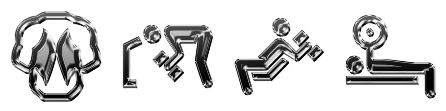 3D icon bundle volumetric style - back muscles, bench over head, bench press with dumbbells, and bench press. Fitness gym workout and healthy exercise. High quality render design.