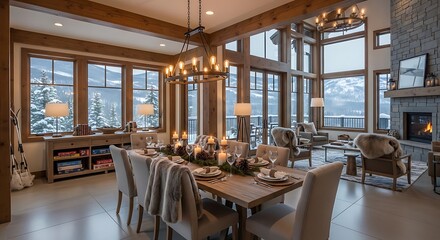 Fototapeta premium Elegant dining room with large windows showcasing a snowy mountain landscape, set for a festive holiday meal