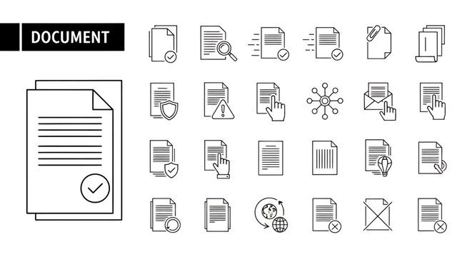 Collection of document and file icons showing paperwork, folders, and tools for graphic resources.