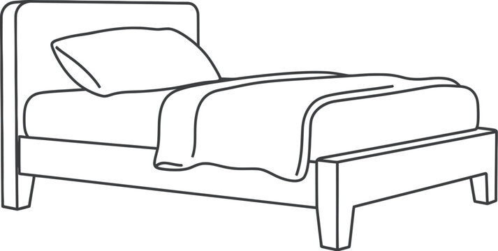 A simple line drawing of a bed with a pillow and blanket, perfect for a bedroom or home decor illustration