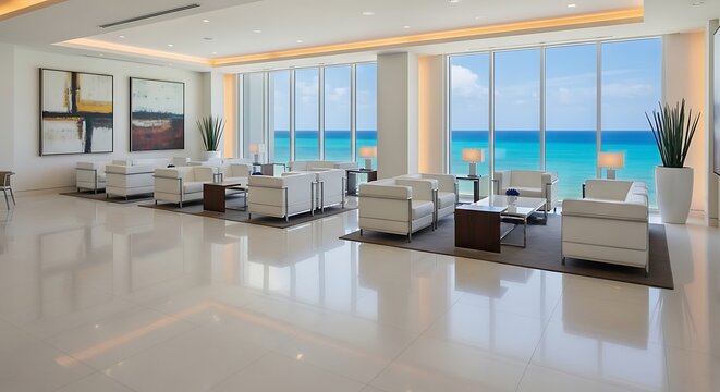 Modern hotel lobby with ocean view and contemporary white furniture, elegant reception area with large windows and sea landscape