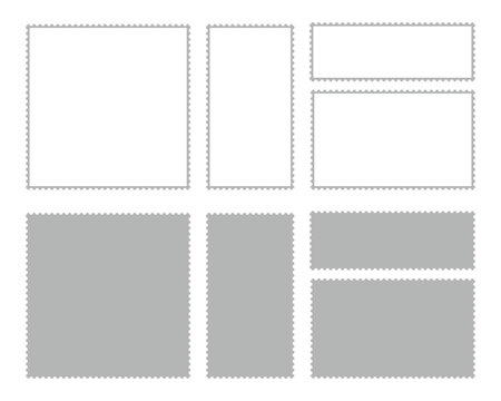 Grey postage stamp frames and solid shapes with perforated edges isolated on transparent background