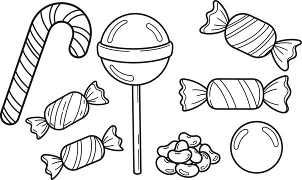 A collection of various candies, including a lollipop, wrapped sweets, a candy cane and jelly beans, all in black and white