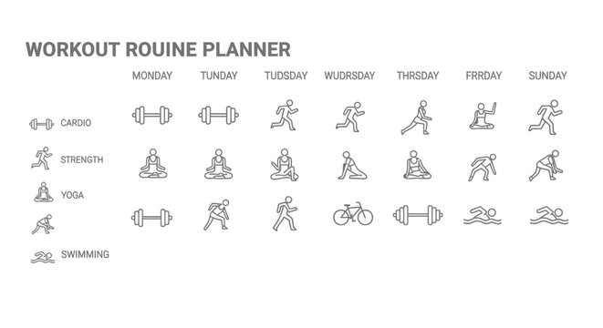 Minimalist weekly workout routine planner with fitness icons