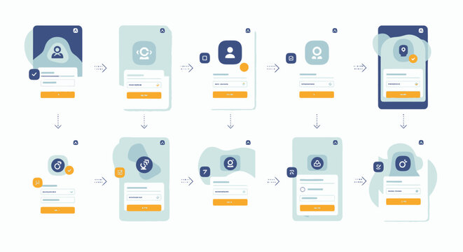 Mobile app registration and login interface user flow diagram