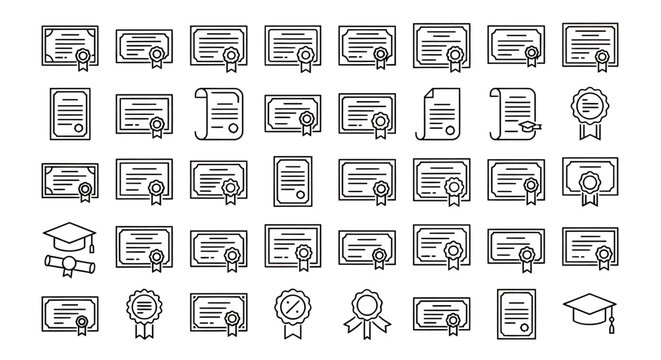 Collection of linear vector icons depicting education and achievement symbols arranged in a grid for learning and recognition.