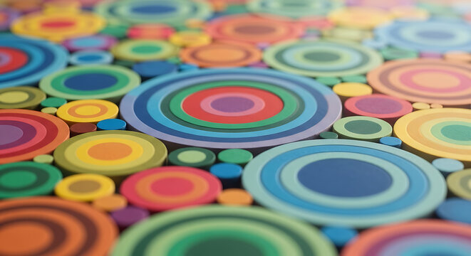 vibrant concentric circles pattern with pixelated texture and shallow depth of field, playful abstract background